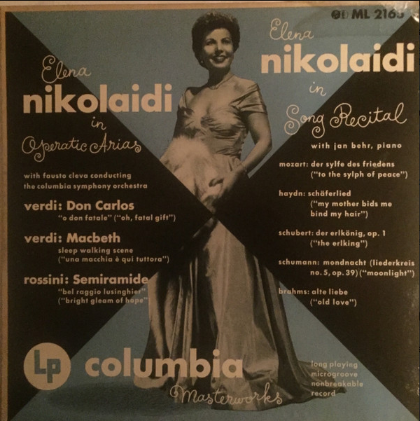 Το εξώφυλλο του δίσκου Elena Nikolaidi in Operatic Arias / Elena Nikolaidi in Song Recital, που κυκλοφόρησε στις ΗΠΑ το 1951. Η Ελληνίδα [[#Έλενα Νικολαΐδη#]], μία από τις κορυφαίες δραματικές μεσοφώνους της εποχής της, διέπρεψε στις μεγαλύτερες σκηνές του κόσμου, ερμηνεύοντας ρόλους από το γερμανικό και το ιταλικό ρεπερτόριο.