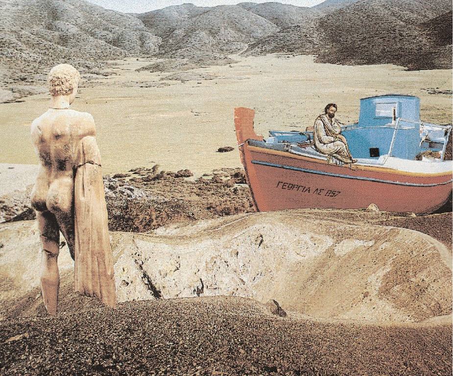 Ο Οδυσσέας Ελύτης [Odysseas Elytis], κολλάζ («συνεικόνα» κατά τον ίδιο). Με θραύσματα του ορατού, ένας αρχαϊκός κούρος και μια σύγχρονη ψαρόβαρκα σε άνυδρο τοπίο, ο ποιητής συναρμόζει διαφορετικές εποχές και χώρους σε μία εικόνα, μεταφέροντας την ποιητική του στη γλώσσα του κολλάζ και υπερβαίνοντας τα γεωγραφικά και χρονικά σύνορα.