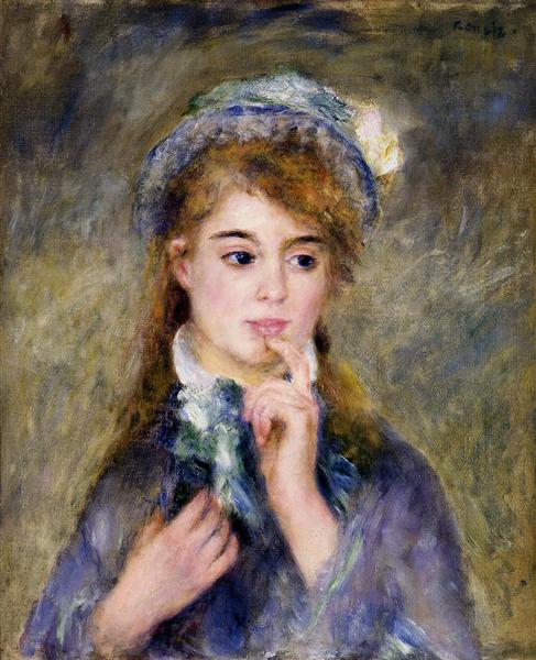 Pierre-Auguste Renoir [Πιερ-Ωγκύστ Ρενουάρ], The Ingenue [Η ενζενύ], 1877, ελαιογραφία σε μουσαμά, Clark Art Institute, Williamstown, Μασσαχουσέτη. Ενταγμένος στην ιμπρεσιονιστική περίοδο του ζωγράφου, ο πίνακας αποτυπώνει το πορτραίτο μιας νεαρής γυναίκας με τα χαρακτηριστικά γνωρίσματα του τύπου της ενζενύ: φρεσκάδα, αθωότητα, διακριτική αισθαντικότητα και ένα διάχυτο ρόδινο φωτισμό που υπογραμμίζει την παρθενικότητα του προσώπου, μεταφέροντας τη θεατρική σύμβαση του ρόλου στο πεδίο της εικαστικής εικονογραφίας του ύστερου 19ου αιώνα.