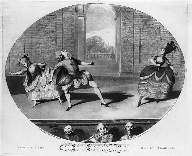 Ο Gaëtan Vestris [Γκαετάνο Βεστρίς] (1729-1808) στον ρόλο του Ιάσονα, πλαισιωμένος από τη Giovanna Baccelli [Τζοβάννα Μπατσέλλι] και την Adelaide Simonet [Αντελαΐντ Σιμονέ], στο μπαλέτο δράσης Médée et Jason [Μήδεια και Ιάσων] του Jean-Georges Noverre. Χαρκατικό (aquatinta) του John Boydell [Τζων Μπόιντελ] (Λονδίνο, 1781), που αποτυπώνει την αφηγηματική και μιμική δύναμη του πρώιμου χοροδράματος.