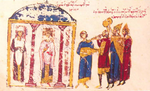 Ο γελωτοποιός Γρύλλος και ο θίασος των θυμελικών λοιδορούν τον Πατριάρχη Ιγνάτιο με τις «ευλογίες» του βυζαντινού αυτοκράτορα Μιχαήλ Γ΄ του Μέθυσου.