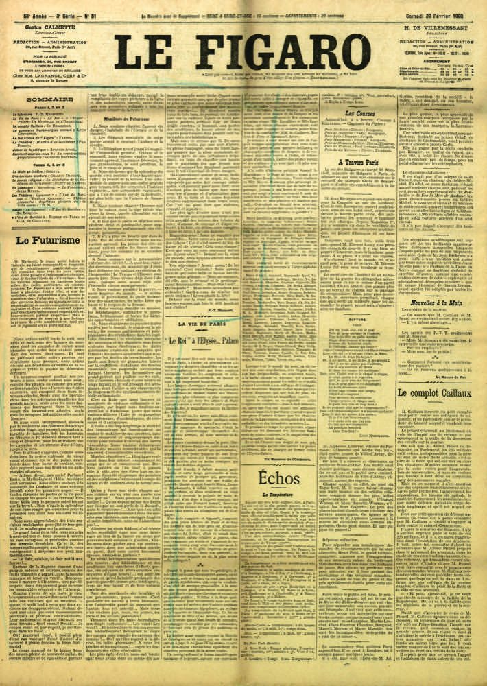Filippo Tomaso Marinetti, Διακήρυξη των φουτουριστών, στην παρισινή εφημερίδα Le Figaro, 20/2/1909. 