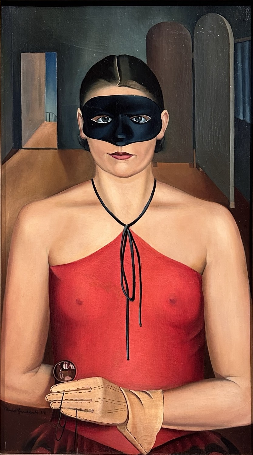 [[#Arno Henschel [Άρνο Χένσελ]#]]  (Görlitz, 1897-Posen, 1945), Dame mit Maske [Κυρία με μάσκα], 1928, εκπρόσωπος του γερμανικού νεοπραγματισμού. Στον πίνακα αποτυπώνεται η εμβληματική φιγούρα της Νέας Γυναίκας [Neue Frau] της Δημοκρατίας της Βαϊμάρης, με την ψυχρή ματιά, τη σύγχρονη ένδυση και την αινιγματική μάσκα να λειτουργούν ως σύμβολα της παγερής θηλυκότητας και της κοινωνικής επιτέλεσης που χαρακτήρισαν την εικονογραφία του ρεύματος.