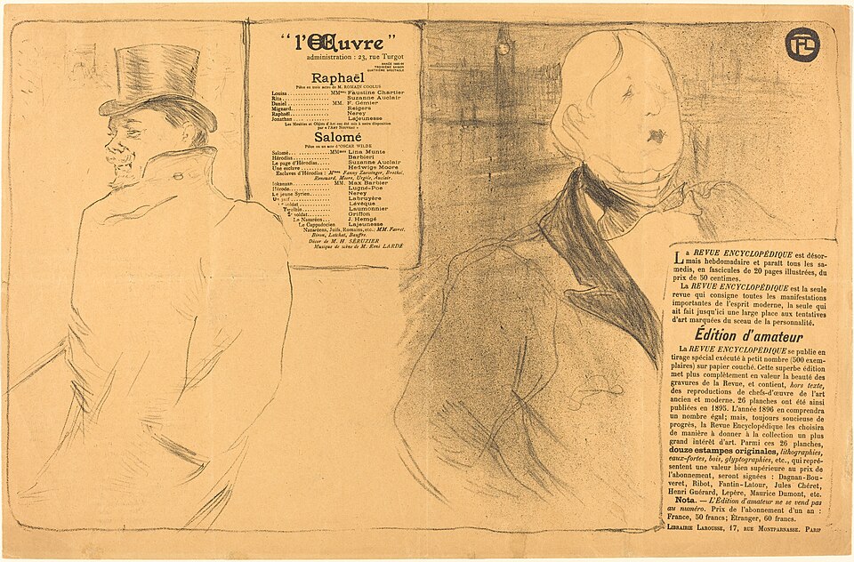 Λιθογραφία του Henri de Toulouse-Lautrec [Ανρί ντε Τουλούζ-Λωτρέκ] για το πρόγραμμα της παρισινής πρεμιέρας της&nbsp;Salomé&nbsp;[Σαλώμης] του Oscar Wilde στο Théâtre de l'Œuvre του Aurélien Lugné-Poë [Ωρελιέν Λυνιέ-Πο] (1896). Ο σκηνοθέτης αφαίρεσε τους ομοφυλοφιλικούς υπαινιγμούς από την παράσταση, μετά τη δίκη και καταδίκη του Wilde, αναθέτοντας τον ρόλο του ακολούθου της Ηρωδιάδος σε γυναίκα ηθοποιό. Πηγή: National Gallery of Art (1995.76.82, Gift of The Atlas Foundation).