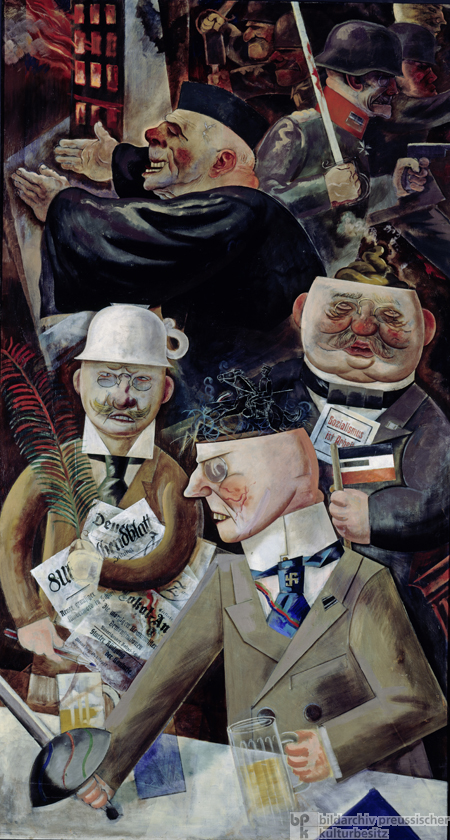 ﻿﻿﻿﻿﻿﻿﻿﻿﻿﻿﻿﻿﻿﻿﻿﻿﻿﻿﻿﻿﻿﻿﻿﻿﻿﻿﻿﻿﻿﻿﻿﻿﻿﻿﻿﻿﻿﻿﻿Georg Grosz, Stützen der Gesellschaft [Στυλοβάτες της κοινωνίας], 1926, ελαιογραφία. Ο Grosz απεικονίζει ως καρικατούρες τα μέλη της γερμανικής κοινωνικής ελίτ κατά την εποχή της Δημοκρατίας της Βαϊμάρης. Στο πρώτο επίπεδο του έργου διακρίνεται ένας αριστοκράτης με μονόκλ, ξίφος και τη σβάστικα στη γραβάτα του, πίσω του ένας δημοσιογράφος που κρατά σφικτά μια εφημερίδα, δίπλα του ένας σοσιαλδημοκράτης που κρατά μία σημαία κι ένα φυλλάδιο. Πίσω τους ένας καλοζωϊσμένος παπάς, που κοιτά προς αντίθετη κατεύθυνση από τις καταστροφές που επιφέρει ο πόλεμος. Πρόκειται για τη σατιρική και σαρκαστική αποτύπωση της διαπλοκής των εξουσιών, αλλά και για μια αναφορά στο αποτυχημένο πραξικόπημα του Χίτλερ να ανατρέψει τη Δημοκρατία της Βαϊμάρης, γνωστό ως «Το πραξικόπημα της Μπυραρίας». Για το συγκεκριμένο έργο έγραψε ο Τζ. Κ. Αργκάν: «Η ψυχρή ανάλυση της κατάστασης αρκεί για να αποκαλύψει, κάτω από τη μάσκα του καθωσπρεπισμού, τη διαστροφή των ενστίκτων, τη σκοτεινή, βαθιά λαγνεία της βίας και της εξουσίας. […] Είναι ο πρώτος που ανακαλύπτει στον πολιτικό αυταρχισμό, στην απληστία της εξουσίας, στο κυνηγητό του πλούτου, τα συμπτώματα της νεύρωσης, μιας επικίνδυνης και ίσως θανατηφόρας παραφροσύνης, μιας ένοχης αποκτήνωσης του κόσμου.» Στο: Αργκάν Τζ. Κ.&nbsp;(2002). Η Μοντέρνα Τέχνη, (Λ. Παπαδημήτρη, Μετ.). Ηράκλειο: Πανεπιστημιακές Εκδόσεις Κρήτης. Βλ. σ. 275, σημ. 3.