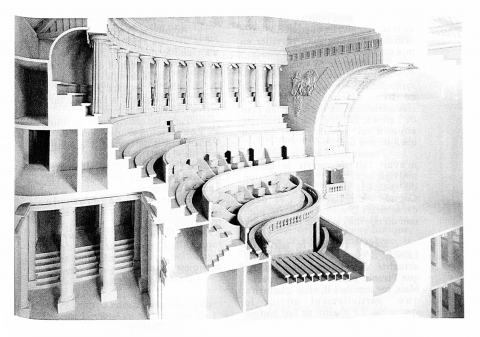 Μακέτα σε τομή του θεάτρου της Μπεζανσόν [Besançon] (Claude-Nicolas Ledoux [Κλωντ-Νικολά Λεντού], 1778-1784), όπως ήταν πριν από την πυρκαγιά του 1958. Φαίνονται οι ημικυκλικές κερκίδες χωρίς κλειστά θεωρεία, η κιονοστοιχία στην κορυφή του κοίλου και η τάφρος της ορχήστρας μπροστά από τη σκηνή. Με αυτά τα στοιχεία, η αρχιτεκτονική του θεάτρου του Διαφωτισμού επέστρεψε στο αρχαίο πρότυπο και προανήγγειλε το Μπάυροϊτ.