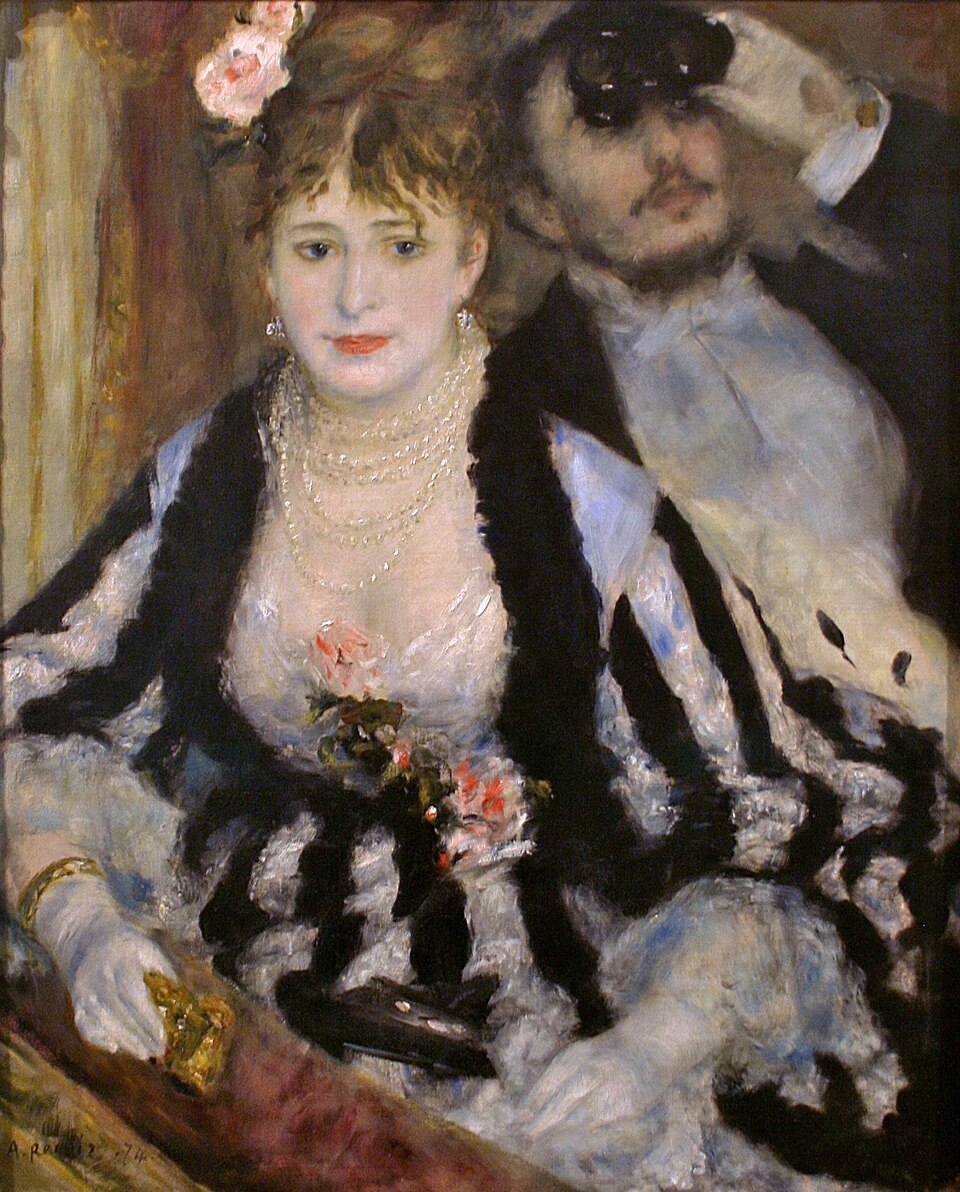 Pierre-Auguste Renoir [Πιερ-Ωγκύστ Ρενουάρ],&nbsp;La Loge&nbsp;[Το θεωρείο] (1874), λάδι σε καμβά, 80 x 63,5 εκ. Ο πίνακας, που εκτέθηκε στην πρώτη ιμπρεσιονιστική έκθεση (Παρίσι, 15 Απριλίου-15 Μαΐου 1874), αποτυπώνει τον θεατρικό χώρο ως πεδίο ιμπρεσιονιστικής παρατήρησης: το τεχνητό φως του θεάτρου, τα αντανακλώμενα χρώματα και η στιγμιαία χειρονομία αντικαθιστούν κάθε αφηγηματική πρόθεση. Πηγή: The Courtauld Gallery, Λονδίνο (P.1948.SC.338).