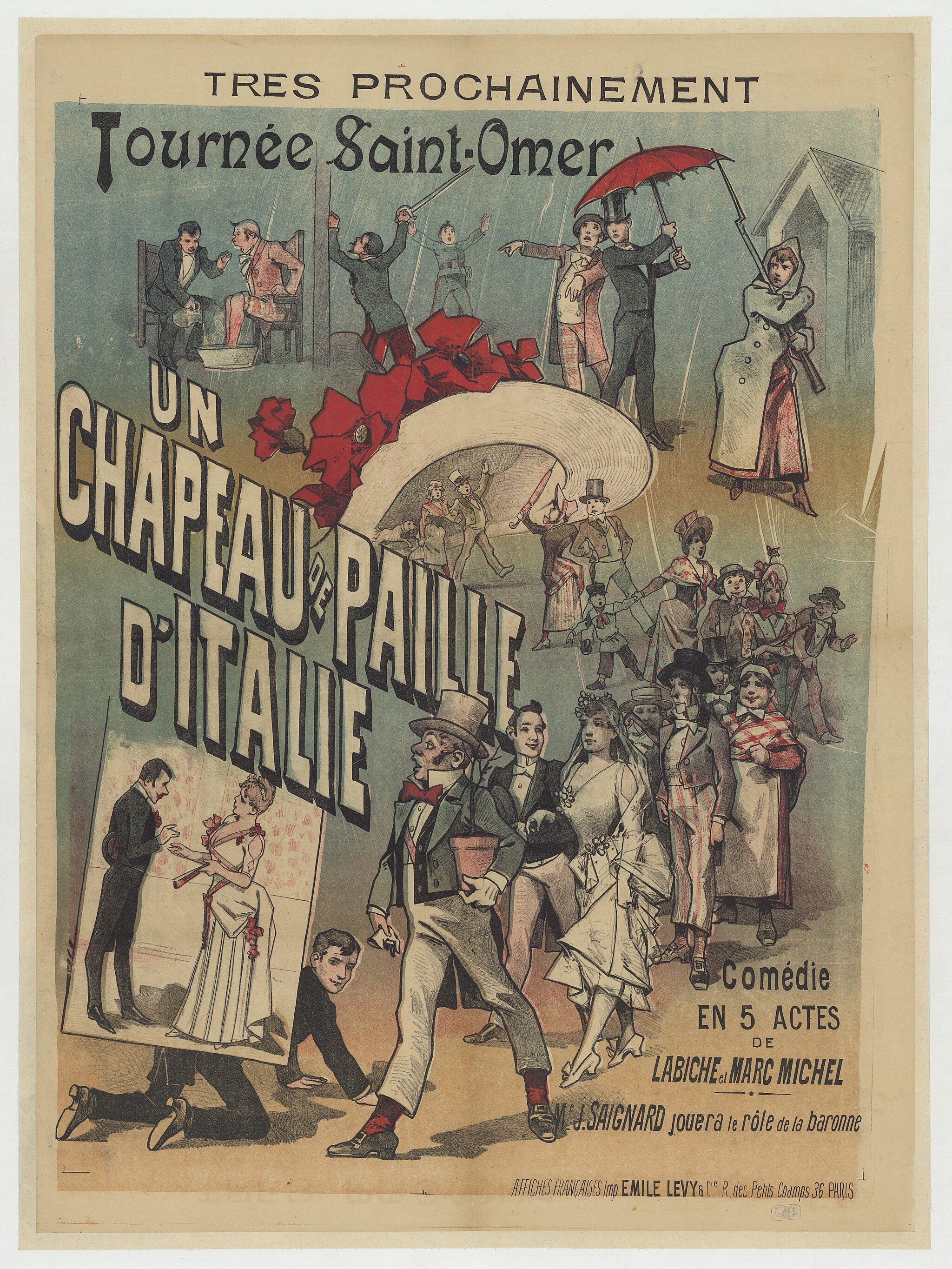 Αφίσα του 1889 για την περιοδεία «Tournée de Saint-Omer» της φάρσας Ένα καπέλο από ψάθα Ιταλίας [Un chapeau de paille d'Italie] των [[#Eugène Labiche [Ευγενίου Λαμπίς]#]] και [[#Marc-Michel [Μαρκ-Μισέλ]#]]. Το καπέλο του τίτλου αποτελεί υποδειγματική περίπτωση σκηνικού αντικειμένου-πρωταγωνιστή: η καταστροφή του από ένα άλογο πυροδοτεί και κινητοποιεί ολόκληρη την πλοκή. Τυπώθηκε στο Παρίσι από τον Emile Lévy.
