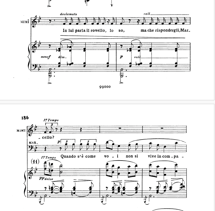 Giacomo Puccini [Τζάκομο Πουτσίνι], La Bohème [Μποέμικη ζωή], πράξη Γ΄. Η Μιμή (υψίφωνος) «In lui parla il rovello, lo so» [Μέσα του μιλάει το πείσμα, το ξέρω]: η ένδειξη «declamato» επιβάλλει δραματική, απαγγελτική εκφορά, συγγενή προς το ομιλητικά / παρλάντο αλλά με εντονότερο ρητορικό χαρακτήρα. Piano reduction, επιμ. Carlo Carignani [Κάρλο Καρινιάνι], Milano: G. Ricordi &amp; C., 1897, Plate 99000. Public Domain.