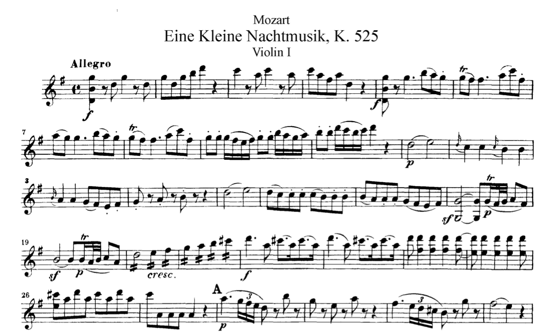 Πάρτα πρώτου βιολιού (Violin I) στο έργο Μικρή Νυχτερινή Μουσική [Eine Kleine Nachtmusik], K.525 του [[#Wolfgang Amadeus Mozart [Βόλφγκανγκ Αμαντέους Μότσαρτ]#]].
