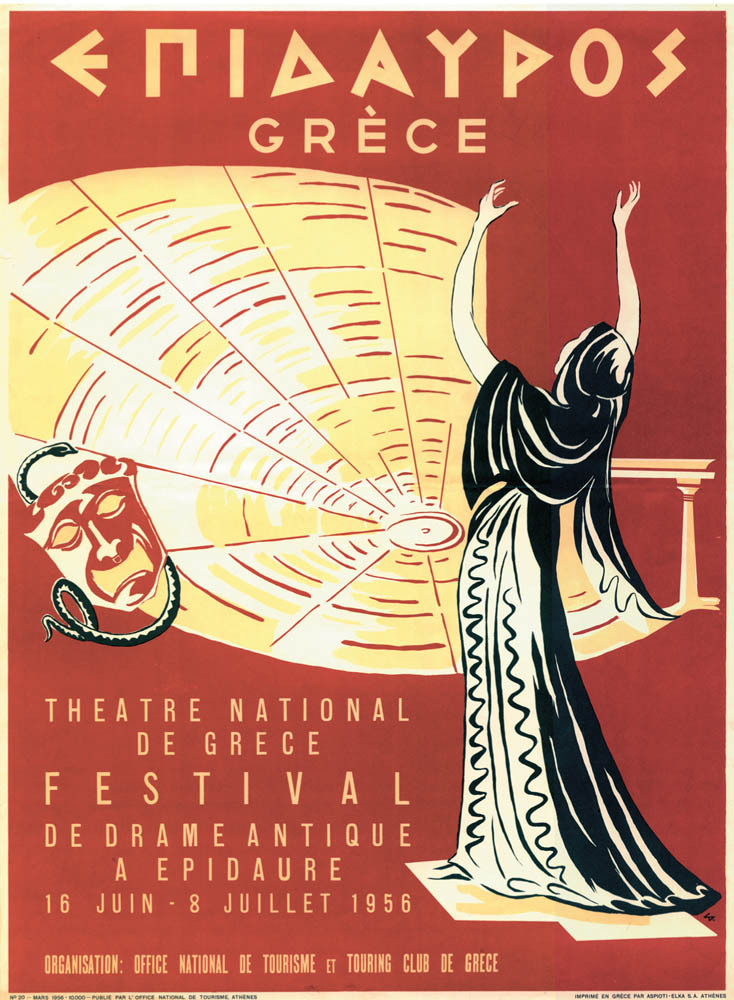 Η θεατρική αφίσα συναντά την τουριστική προβολή: αφίσα του Φεστιβάλ Επιδαύρου για τις παραστάσεις της 16ης Ιουνίου έως τις 8 Ιουλίου 1956, γαλλόφωνη, εκτύπωση Ασπιώτη-ΕΛΚΑ σε 10.000 αντίτυπα, έκδοση Ελληνικού Οργανισμού Τουρισμού και Touring Club de Grèce.