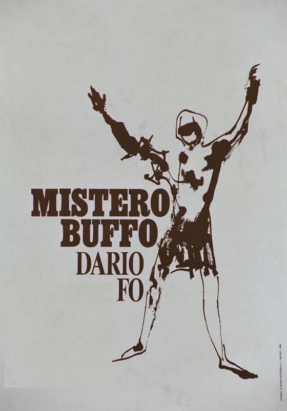 Αφίσα για την παράσταση Mistero Buffo (1969) του [[#Dario Fo [Ντάριο Φο]#]], συγγραφέα και σκηνοθέτη που αξιοποίησε ποικιλοτρόπως τη μεταθεατρικότητα στα έργα του. 