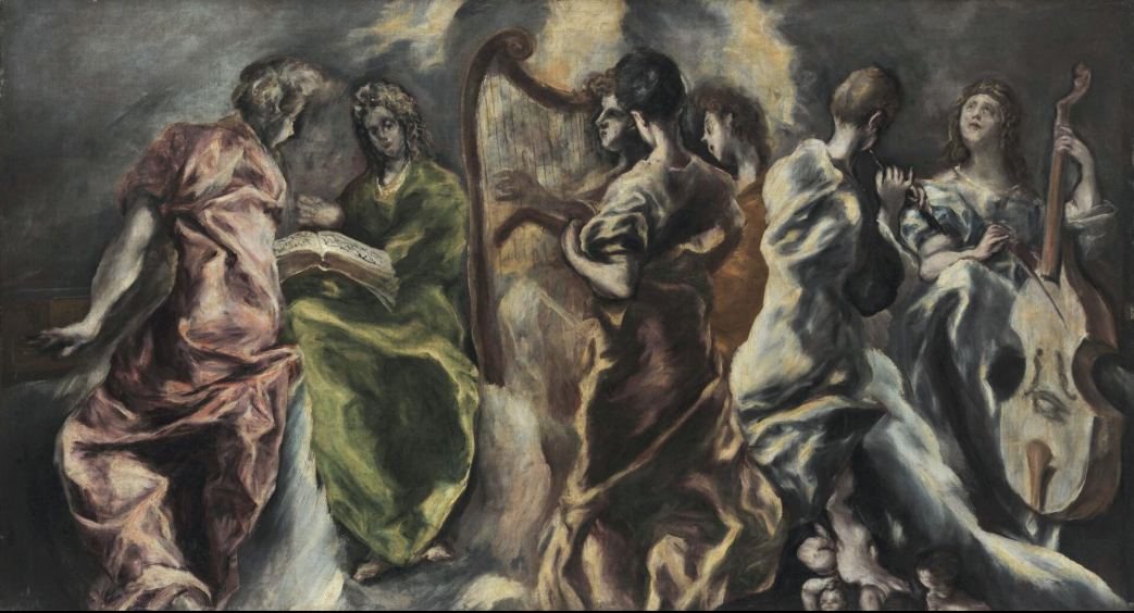Δομήνικος Θεοτοκόπουλος [Domenikos Theotokopoulos, El Greco] (1541–1614), Η συναυλία των Αγγέλων, π. 1608–1614, λάδι σε μουσαμά, 115 x 217 εκ., Εθνική Πινακοθήκη Αθηνών (αρ. έργου Π.152). Ένα από τα τελευταία, ημιτελή έργα του Κρητικού ζωγράφου, που αποτελούσε αρχικά το ουράνιο τμήμα ενός Ευαγγελισμού, απεικονίζει μια ουράνια ορχήστρα αγγέλων χωρίς φτερά να ερμηνεύουν σύγχρονα μουσικά όργανα της εποχής (σπινέτα, άρπα, φλάουτο, βιόλα ντα γκάμπα), με τον δεύτερο άγγελο να κρατά την παρτιτούρα και να δίνει τον ρυθμό ψάλλοντας. Με τις φλεγόμενες κινήσεις, τα κυματιστά ιμάτια και τα ιριδίζοντα «μετανθούντα» χρώματα, ο πίνακας ανανεώνει τη μεταβυζαντινή αγγελική εικονογραφία της ουράνιας λειτουργίας και προαγγέλλει την εξπρεσιονιστική ευαισθησία του 20ού αιώνα.