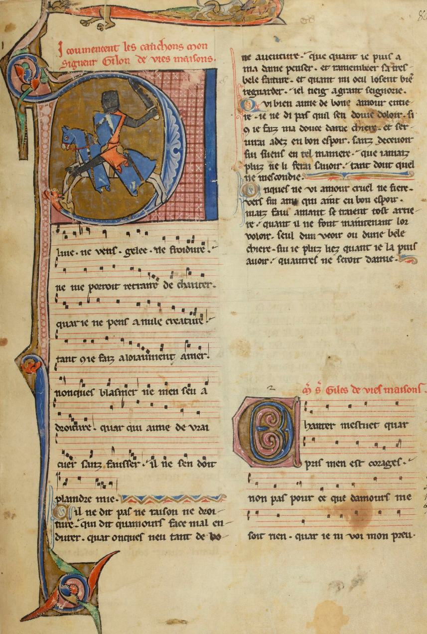 Chansonnier du roi [Χειρόγραφο του βασιλέως], Bibliothèque nationale de France, Manuscrits, Français 844 (13ος αιώνας). Η συλλογή περιλαμβάνει άσματα τροβαδούρων και τρουβέρων, μεταξύ των οποίων και του Lambert l'Aveugle [Λαμπέρ ο Τυφλός], και συνιστά προδρομική μαρτυρία του δυτικοευρωπαϊκού έντεχνου άσματος.
