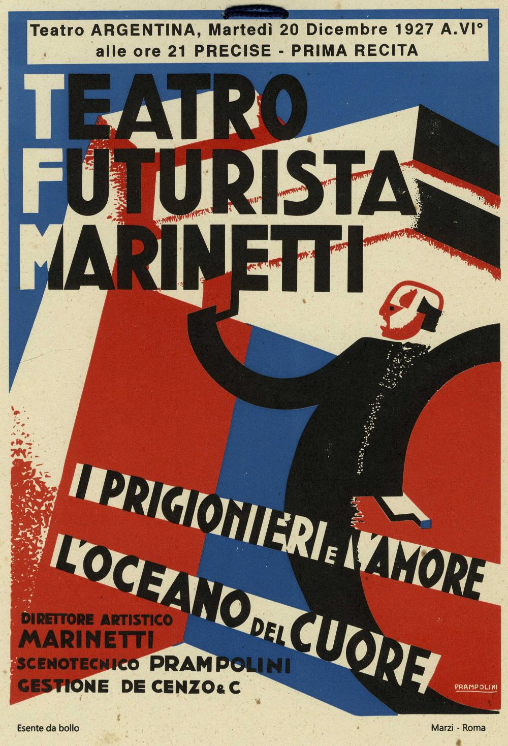 Enrico Prampolini [Ενρίκο Πραμπολίνι], Teatro futurista Marinetti: I prigionieri e l'amore, l'oceano del cuore [Φουτουριστικό θέατρο Μαρινέττι: Οι αιχμάλωτοι και ο έρωτας, ο ωκεανός της καρδιάς], 1927, λιθογραφία, 255 x 180 χιλ. (αφισέτα: 273 x 190 χιλ.). Η αφίσα τεκμηριώνει τη σύνδεση του φουτουρισμού με τη σκηνική πράξη: ο Prampolini, κεντρική μορφή του φουτουριστικού θεάτρου, σχεδίασε σκηνικά, κοστούμια και προωθητικό υλικό για τις παραστάσεις του Filippo Tommaso Marinetti. Gonnelli Casa d'Aste, Φλωρεντία (Lot 529, 21 Μαΐου 2026).