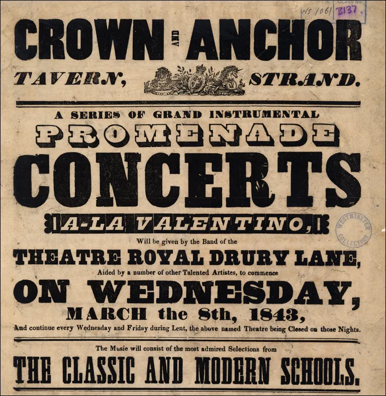 Αφίσα περιπατητικής συναυλίας στο θέατρο Drury Lane. Westminster City Archives, 1843.