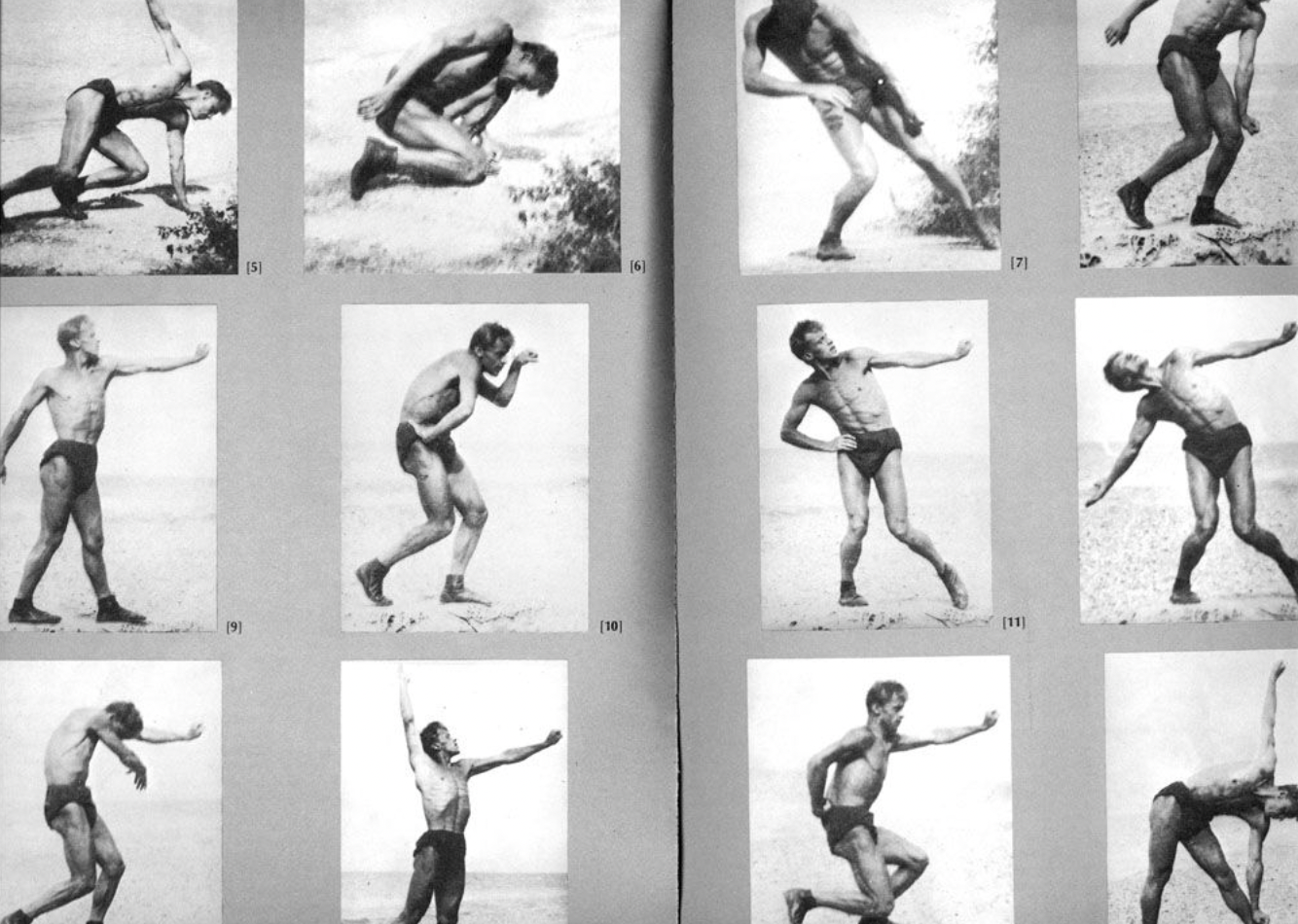 Στιγμιότυπα μελέτης της κίνησης του ανθρώπινου σώματος σύμφωνα με τη μέθοδο της βιο-μηχανικής του Μέγιερχολντ. 