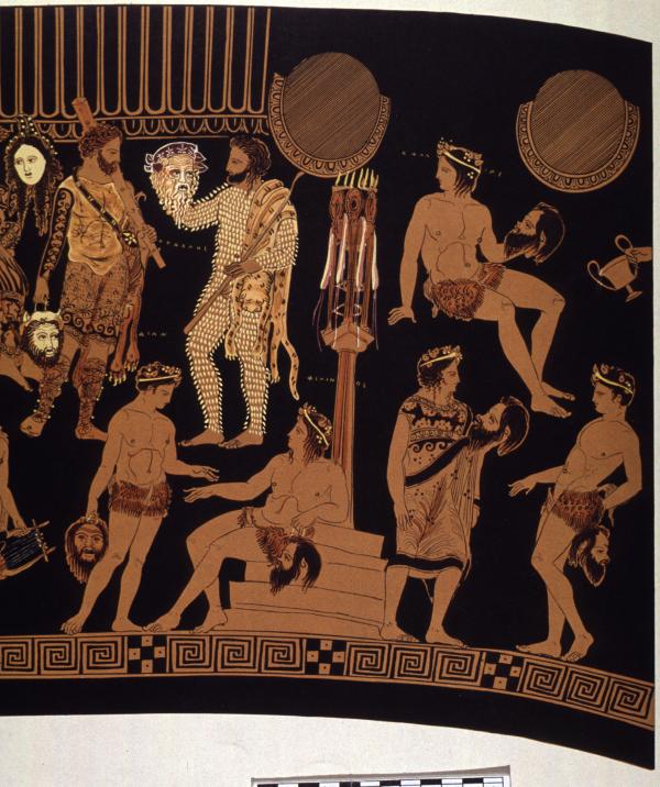 Λεπτομέρεια από τον Κρατήρα του Προνόμου, όπου απεικονίζονται υποκριτές φέροντες τη σατυρική σκευή. Διακρίνονται ο Παπποσιληνός με τον μαλλωτόν χιτώνα και οι σάτυροι με το περίζωμα (περ. 400 π.Χ.), Νάπολη, Museo Archaeologico Nazionale H 3240 (81673).&nbsp;