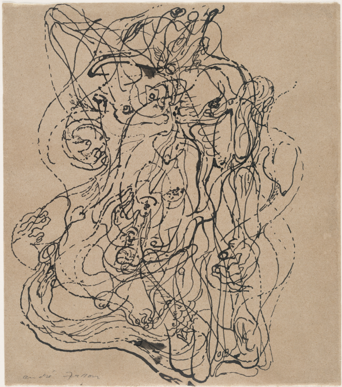 André Masson [Αντρέ Μασσόν], Dessin automatique [Αυτόματο σχέδιο] (1924), μελάνι σε χαρτί, Museum of Modern Art, Νέα Υόρκη. Ο Masson άφηνε την πένα να κινείται ταχύτατα στο χαρτί χωρίς προσχεδιασμένο θέμα και χωρίς συνειδητό έλεγχο, ώσπου από το αφαιρετικό πλέγμα των γραμμών να αναδυθούν θραύσματα σωμάτων και αντικειμένων. Το έργο αποτελεί την πρώτη εικαστική εφαρμογή του ψυχικού αυτοματισμού που διακήρυξε ο σουρεαλισμός την ίδια χρονιά.