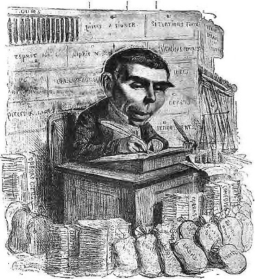 Εικόνα που παρουσιάζει τον Scribe να «ανακατεύει» τα συστατικά του ευποίητου έργου, ετοιμάζοντας τη συνταγή για την επιτυχία (1892).