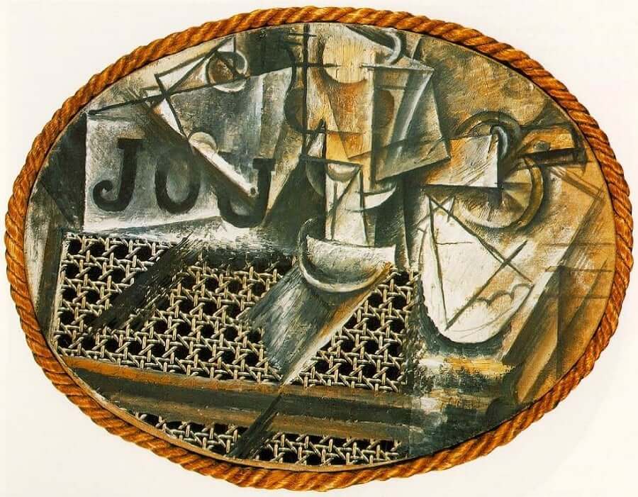 Pablo Picasso [Πάμπλο Πικάσσο], Nature morte à la chaise cannée [Νεκρή φύση με ψάθινη καρέκλα] (1912). Θεωρείται το πρώτο κολλάζ στην ιστορία της τέχνης: ο ζωγράφος επικόλλησε στον καμβά ένα κομμάτι μουσαμά με τυπωμένο σχέδιο ψάθας και περιέβαλε το έργο με σκοινί, εισάγοντας βιομηχανικά, «ταπεινά» υλικά στην υψηλή τέχνη. Παράλληλα με τον Georges Braque [Ζωρζ Μπρακ] και το papier collé, γεννά την αρχή του κολλάζ στον κυβισμό.
