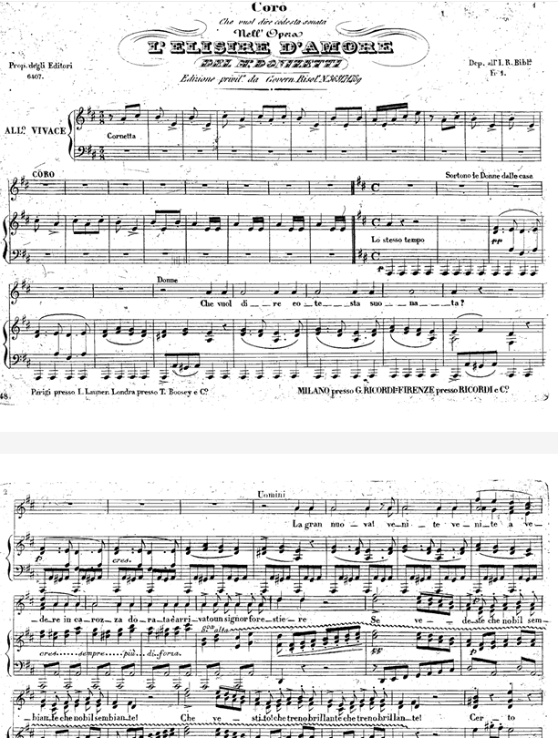 Η αρχή από το χορωδιακό μέρος «Che vuol dire codesta suonata», από την όπερα L’ Elisir d’ Amore ([[#Το Ελιξίριο#]] του Έρωτα) του [[#Gaetano Donizetti [Γκαετάνο Ντονιτζέττι]#]].&nbsp;L’ Elisir d’ Amore, διασκευή για πιάνο (vocal score) από τον [[#Luigi Truzzi#]], εκδόσεις Ricordi (1833, Μιλάνο).