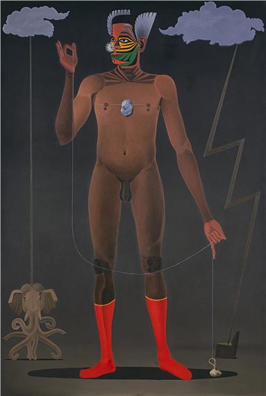 Ιndra: An Actor Performing the Parabasis of an Imaginary Play - Doctrine of the Forest (Cuckoonebulopolis) [Ίντρα: ηθοποιός εκτελεί την παράβαση ενός φανταστικού έργου - Το δόγμα του δάσους (Νεφελοκοκκυγία)] του [[#Σουρέντραν Ναΐρ [Surendran Nair]#]], 2009, λάδι σε μουσαμά, 180,34 x 119,38 εκ. Ο βεδικός θεός Ίντρα, με ψιμυθίωση εμπνευσμένη από το Κατακάλι, εκφέρει την παράβαση κρατώντας σαν νευρόσπαστα τα νέφη, τον κεραυνό και τον ελέφαντα Αϊράβατα.