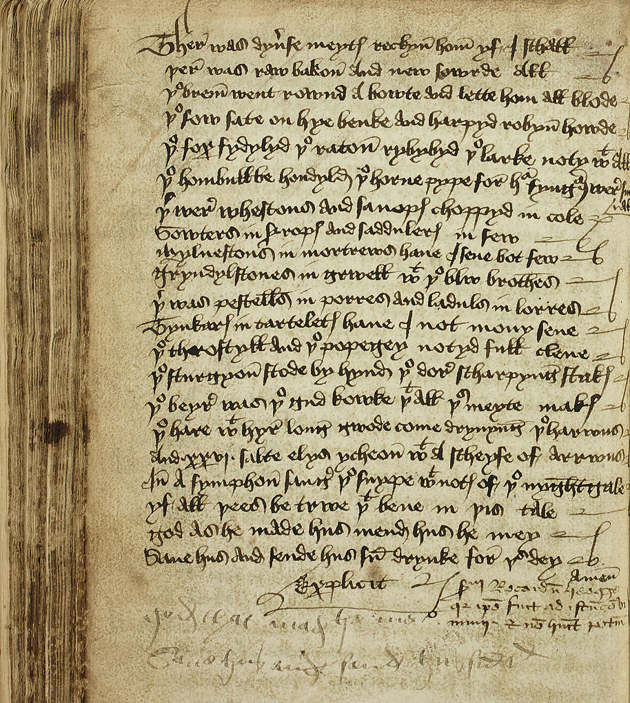 Το Χειρόγραφο Heege (περ. 1480, Εθνική Βιβλιοθήκη της Σκωτίας) διασώζει το ρεπερτόριο ενός υπαρκτού μενεστρέλου του 15ου αιώνα, με κωμικά, ειρωνικά και σατιρικά κείμενα, αποτελώντας σπάνια μαρτυρία της ζωντανής λαϊκής διασκέδασης της εποχής.&nbsp;