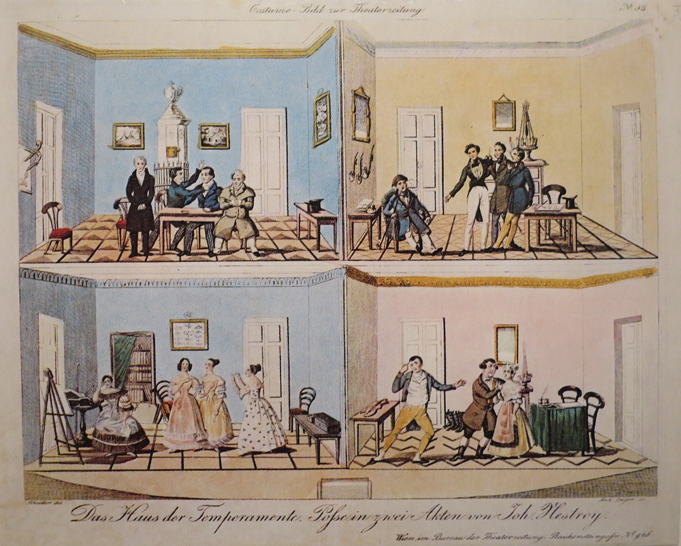 Το σπίτι των ιδιοσυγκρασιών [Das Haus der Temperamente] (1837), του [[#Γιόχαν Νέστροϋ [Johann Nestroy]#]], με τους τέσσερις χώρους (δύο άνω και δύο κάτω). Χαλκογραφία του [[#Andreas Geiger #]] (1838).