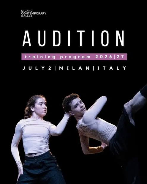 Αφίσα αναγγελίας ακρόασης του Milano Contemporary Ballet για την εισαγωγή χορευτών και χορευτριών στο πρόγραμμα κατάρτισης της περιόδου 2026-2027. Η ακρόαση διεξήχθη στο Μιλάνο στις 2 Ιουλίου 2026.