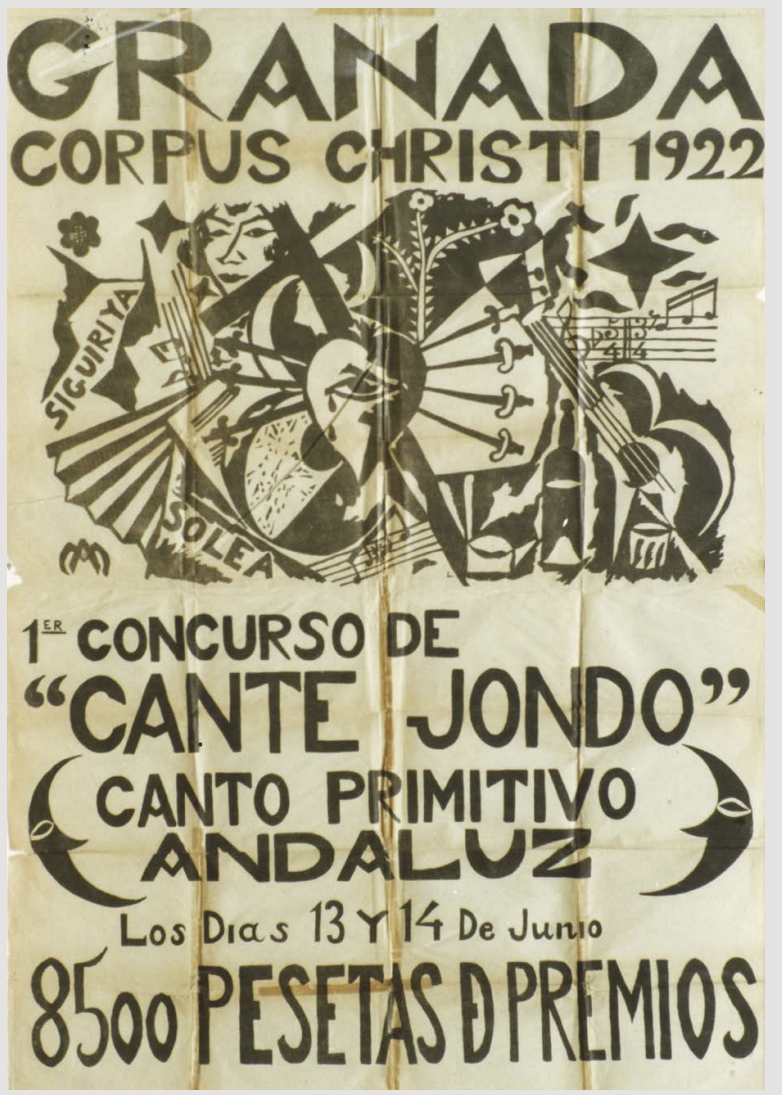 Αφίσα του 1er Concurso de Cante Jondo [Α΄ Διαγωνισμός Βαθέος Άσματος], Γρανάδα, 13 – 14 Ιουνίου 1922, με τις μορφές [palos] siguiriya και soleá χαραγμένες στο εικαστικό. Ο διαγωνισμός, εμπνευσμένος από τους Falla και Lorca, ανέδειξε το cante jondo, το βαθύ και δραματικό τραγούδι που θεμελιώνει το φλαμένκο. Έργο: Manuel Ángeles Ortiz [Μανουέλ Άνχελες Ορτίθ]. Juan de Loxa Family Collection.