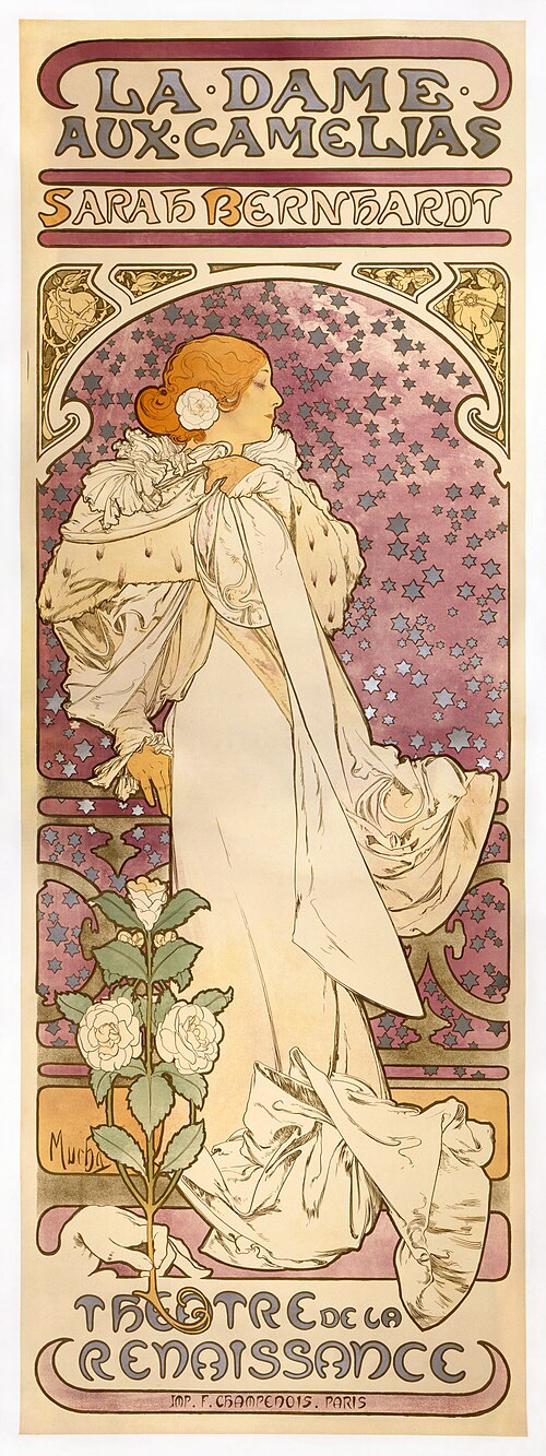 Αφίσα του Alphonse Mucha [Αλφόνς Μούχα] για θεατρική παράσταση του έργου La Dame aux Camélias (Η Κυρία με τις Καμέλιες) του Αλέξανδρου Δουμά υιού το 1896, με πρωταγωνίστρια τη Sarah Bernhardt [Σάρα Μπερνάρ].