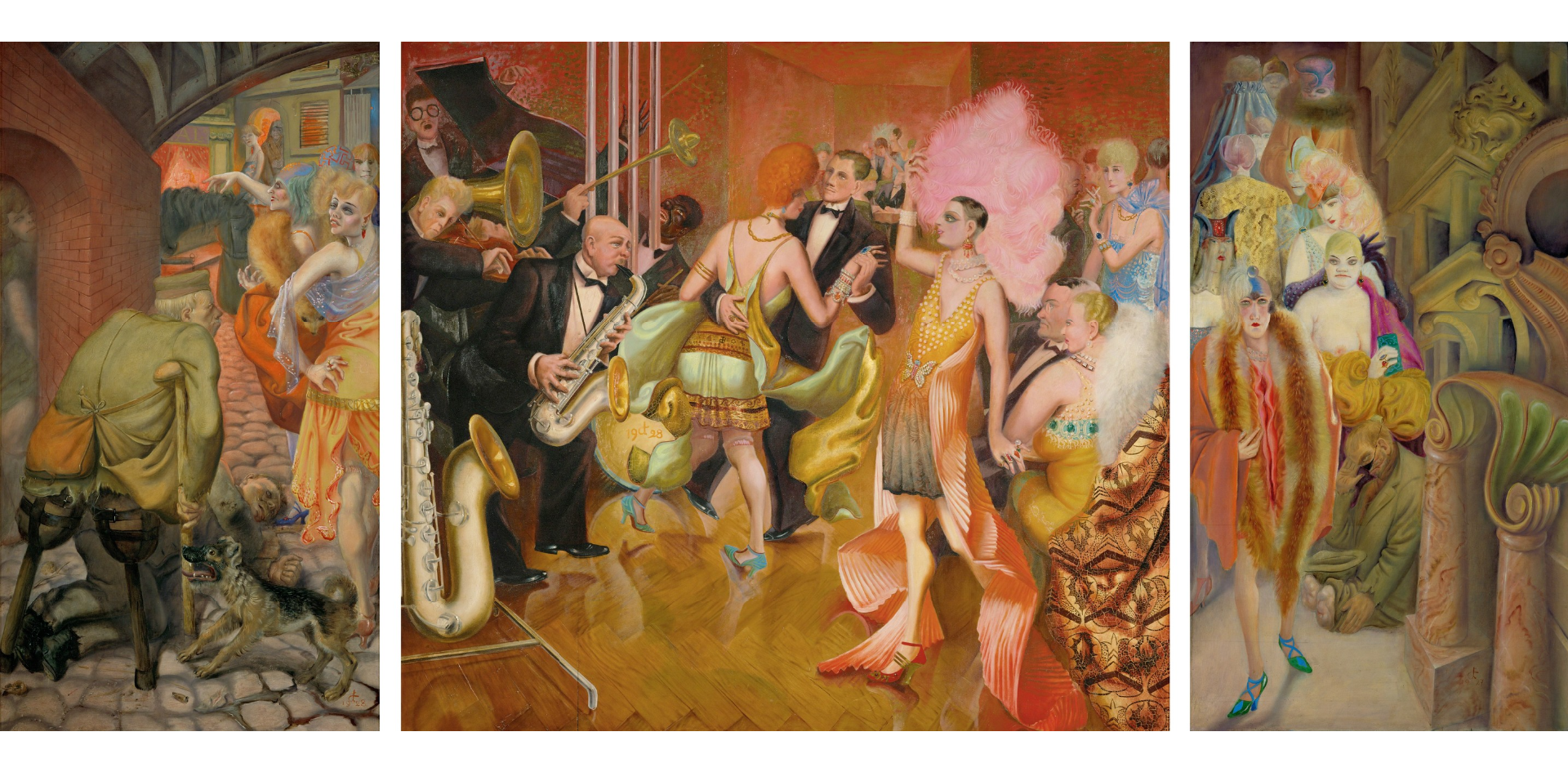 Otto Dix, Großstadt [Μητρόπολις] (1927-1928). Το τρίπτυχο&nbsp;αποτελεί ένα από τα σημαντικότερα έργα του νεοπραγματισμού, αποδίδοντας τις ακραίες κοινωνικές αντιθέσεις στο Βερολίνο του μεσοπολέμου. Ο καλλιτέχνης αντιπαραθέτει την πολυτέλεια μιας αίθουσας χορού τζαζ με την εξαθλίωση των αναπήρων πολέμου και τον ιερόδουλων στον δρόμο, ασκώντας δριμεία κριτική στην κοινωνική αδιαφορία. Μέσα από τη λεπτομερή και συχνά γκροτέσκα απεικόνιση, το έργο τεκμηριώνει τη μετάβαση προς έναν αναλυτικό ρεαλισμό που επηρέασε τη θεματολογία του πολιτικού θεάτρου της περιόδου.