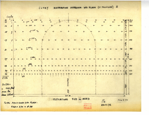 Ιάννης Ξενάκης, Polytope de Cluny, disposition des flashs, OM 22/7 σ.8, Coll. Famille IX DR. Σχέδιο του συνθέτη στο οποίο αποτυπώνεται η χωρική κατανομή των φλας μέσα στον αρχαιολογικό χώρο του Κλυνύ στο πλαίσιο του έργου Πολύτοπο του Κλυνύ.