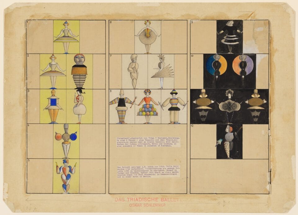 Oskar Schlemmer,&nbsp;Σχέδιο μορφών για το πρώτο Triadic Ballet [Τριαδικό Μπαλέτο], 1924-1926, μελάνι, μολύβι, υδατογραφία και τέμπερα.​