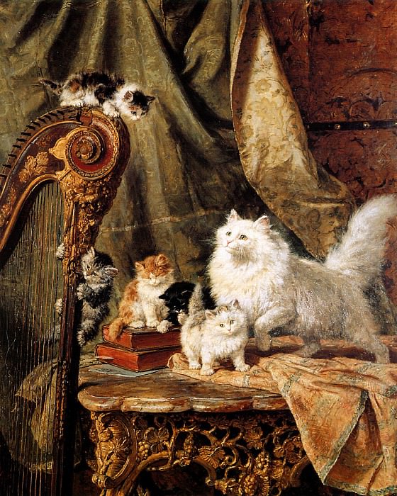 [[#Henriëtte Ronner-Knip [Χενριέτ Ρόνερ-Κνιπ]#]], Een muzikaal tussenspel [Ένα μουσικό ιντερμέδιο], γνωστό και ως Kattenspel bij de harp [Γατοπαιχνίδια στην άρπα] (ελαιογραφία, 1897). Η λευκή γάτα και τα γατάκια της παίζουν γύρω από μια άρπα, σε μια σκηνή που, ήδη από τον τίτλο της, οικειοποιείται μεταφορικά τον όρο του μουσικού ιντερμεδίου στο πλαίσιο της ρομαντικής αιλουρικής εικονογραφίας.