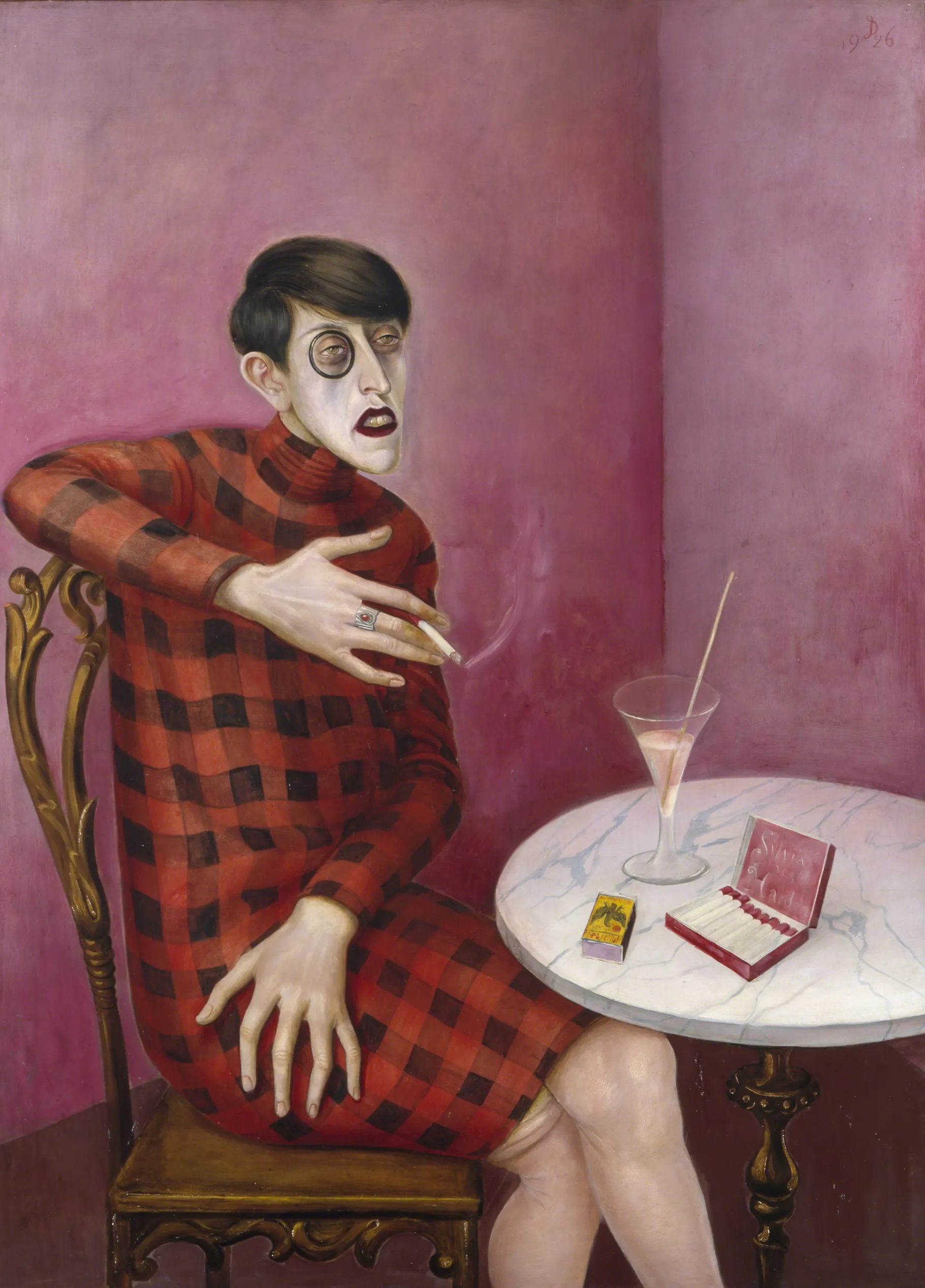 Otto Dix, Bildnis der Journalistin Sylvia von Harde [Προσωπογραφία της δημοσιογράφου Σύλβια φον Χάρντεν] (1926), μικτή τεχνική σε ξύλο. Στο έργο του ο Dix εξυμνεί και γελοιοποιεί ταυτόχρονα τα χαρακτηριστικά της σύγχρονης (για την εποχή του) γυναίκας: κοντό κούρεμα, ποτό, μοντέρνο φόρεμα και τσιγάρο. Χαρακτηριστικό του έργου που το φέρνει κοντά και στην καρικατούρα, είναι τα μεγάλα υπερτροφικά χέρια της γυναίκας, τα οποία σατιρίζουν τόσο τις έντονες χειρονομίες της όσο και το κάπνισμα.  