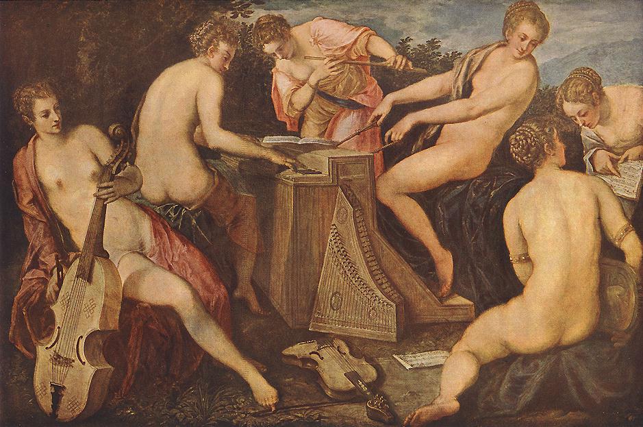 Jacopo Tintoretto, Donne che suonano [Γυναίκες που παίζουν μουσική], β΄ ημίσυ 16ου αι., λάδι σε καμβά, 142 x 214 εκ. Η θεατρική διάταξη των μορφών, τα έντονα χρωματικά αντιθετικά, η τεχνητή κομψότητα των στάσεων και η δραματοποιημένη φωτοσκίαση εντάσσουν τη σύνθεση στην αισθητική του μανιερισμού: της τεχνοτροπικής τάσης που εξύψωσε τη μανιέρα, δηλαδή το προσωπικό ύφος και την εκλεπτυσμένη εκτέλεση, σε αυτοτελή αισθητική αξία. Gemäldegalerie Alte Meister, Δρέσδη.