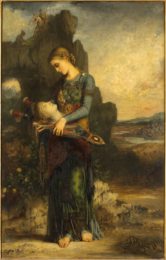 [[#Gustave Moreau#]] [[#Γκυστάβ Μορώ#]], Orphée [Ορφεύς], 1865, λάδι σε ξύλο, Musée d’Orsay. Στο έργο αυτό ο συμβολιστής Moreau, εμπνέεται από τον κόσμο του μύθου και ζωγραφίζει με άρτια λεπτομέρεια και τεχνική την Ευρυδίκη να κοιτά με μελαγχολία και ηδυπάθεια το κεφάλι του έφηβου Ορφέα που κατασπάραξαν οι Βάκχες. Τη λοξή σύνθεση του φανταστικού τοπίου τονίζουν οι μουσικοί που είναι τοποθετημένοι στην επάνω αριστερή πλευρά του έργου και αντανακλούν τις χελώνες που βρίσκονται στην κάτω δεξιά πλευρά, τα κελύφη των οποίων χρησιμοποιήθηκαν, σύμφωνα με τον μύθο, για την κατασκευή της πρώτης λύρας.