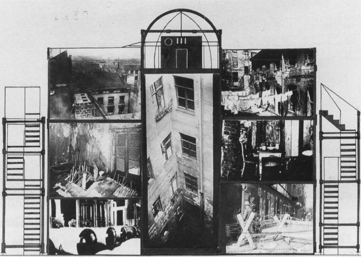 Σκηνικό του Traugott Müller [Τράουγκοτ Μύλλερ]#]] για το Έι χοπ, ζούμε [Hoppla, wir leben!, 1927] του E. Toller σε σκηνοθεσία του [[#E. Piscator,#]] στην κατασκευή του οποίου αξιοποιείται η τεχνική του κολλάζ. 