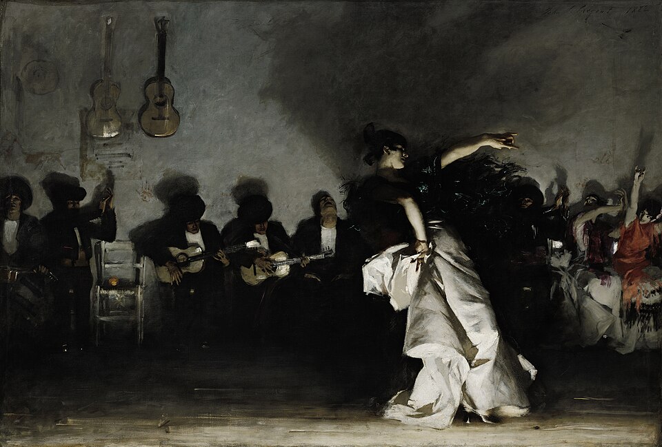 John Singer Sargent [Τζων Σίνγκερ Σάρτζεντ],&nbsp;El Jaleo&nbsp;(1882, ελαιογραφία σε μουσαμά, 232 x 348 εκ., Isabella Stewart Gardner Museum, Βοστώνη). Ο πίνακας αποτυπώνει τον χαρακτηριστικό διάλογο μεταξύ χορού [baile], κιθάρας [toque] και ρυθμικής συνοδείας [palmas] που συγκροτεί τη σκηνική δομή του φλαμένκο.