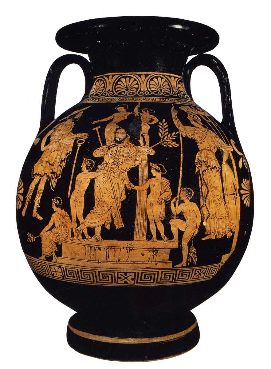 Ερυθρόμορφη πελίκη με παράσταση κινητού θεατρικού βωμού (θυμέλης), στον οποίο έχουν καταφύγει ως ικέτες οι Ηρακλείδες και ο Ιόλαος, Policoro, Museo Nazionale della Siritide, 353024337, περ. 400 π.Χ.&nbsp;