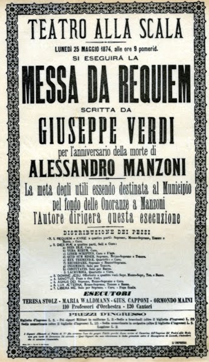 Αφίσσα-πρόγραμμα για τη Messa da Requiem [Λειτουργία Ρέκβιεμ] του Giuseppe Verdi [Τζουζέππε Βέρντι]. Τυπώθηκε το 1874 και φυλάσσεται στο Museo Teatrale alla Scala (Μιλάνο, Ιταλία).
