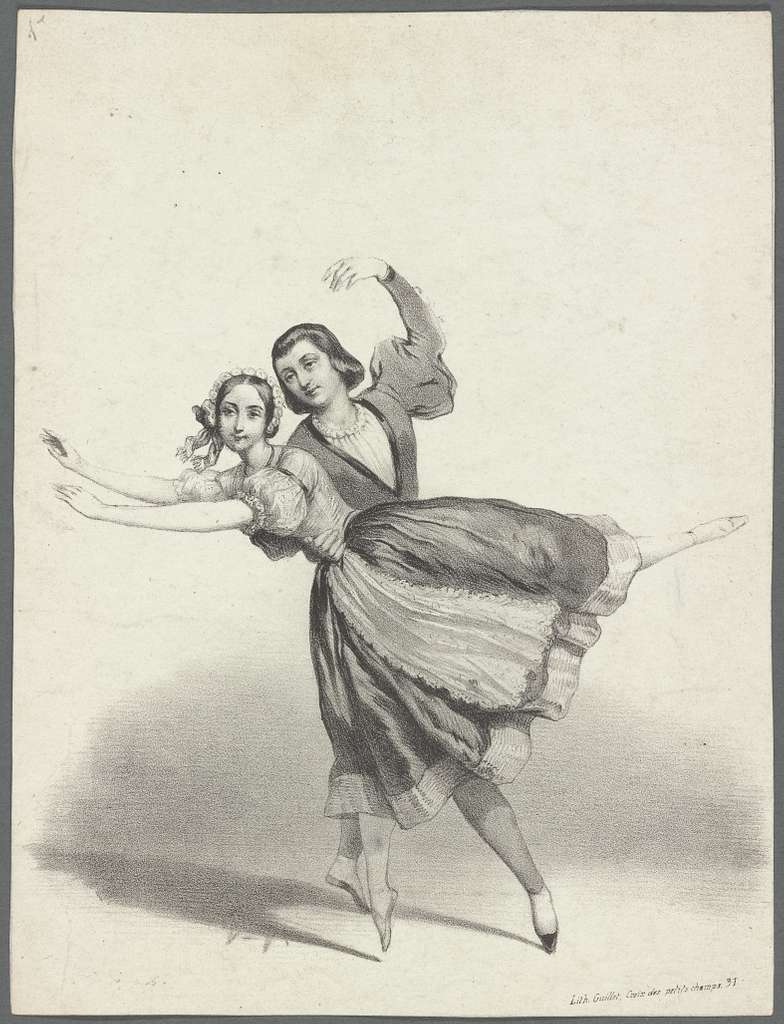 Λιθογραφία με την Nathalie Fitzjames [Ναταλί Φιτζτζέιμς] και τον Auguste Mabille [Ωγκύστ Μαμπίγ] στο pas de deux των χωρικών από το Giselle [Ζιζέλ], που παρουσιάστηκε στην Όπερα του Παρισιού το 1841. Το μπαλέτο, σε χορογραφία του Jean Coralli [Ζαν Κοραλλί] και του Jules Perrot [Ζυλ Περρώ], αποτελεί εμβληματικό έργο του ρομαντικού μπαλέτου. Η εικόνα τεκμηριώνει τη χορογραφία ως σύνθεση σχέσεων, θέσεων και συμμετρίας ανάμεσα σε δύο ερμηνευτικά σώματα.