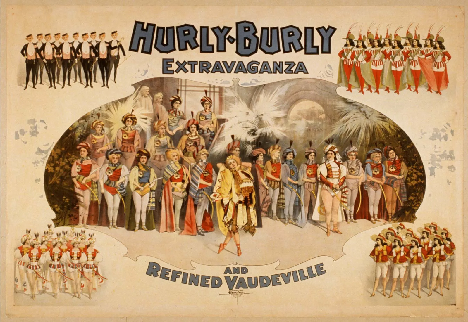 Αφίσα για την παράσταση Hurly-Burly Extravaganza and Refined Vaudeville (1899). Ο χαρακτηρισμός «refined» [εξευγενισμένο] μαρτυρεί την προσπάθεια του αμερικανικού βωντβίλ να αποβάλει την πρώιμη κακόφημη φήμη του και να προσελκύσει οικογενειακό κοινό. Theatrical Poster Collection, Library of Congress (LC-USZC2-1387).
