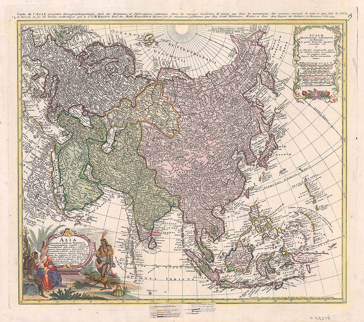 Έγχρωμος πολιτικός χάρτης της Ασίας από το 1744, βασισμένος στη στερεογραφική αποτύπωση του κόσμου από τον Γερμανό χαρτογράφο [[#Johann Matthias Hase [Γιόχαν Ματίας Χάαζ]#]] (1684-1742).