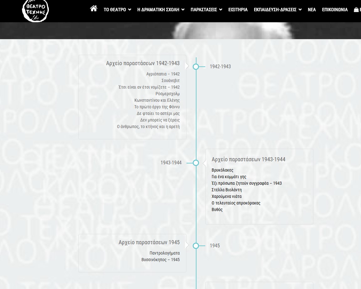 Στιγμιότυπο οθόνης από την παραστασιογραφία του αρχαίου του Θεάτρου Τέχνης 1942-1945.