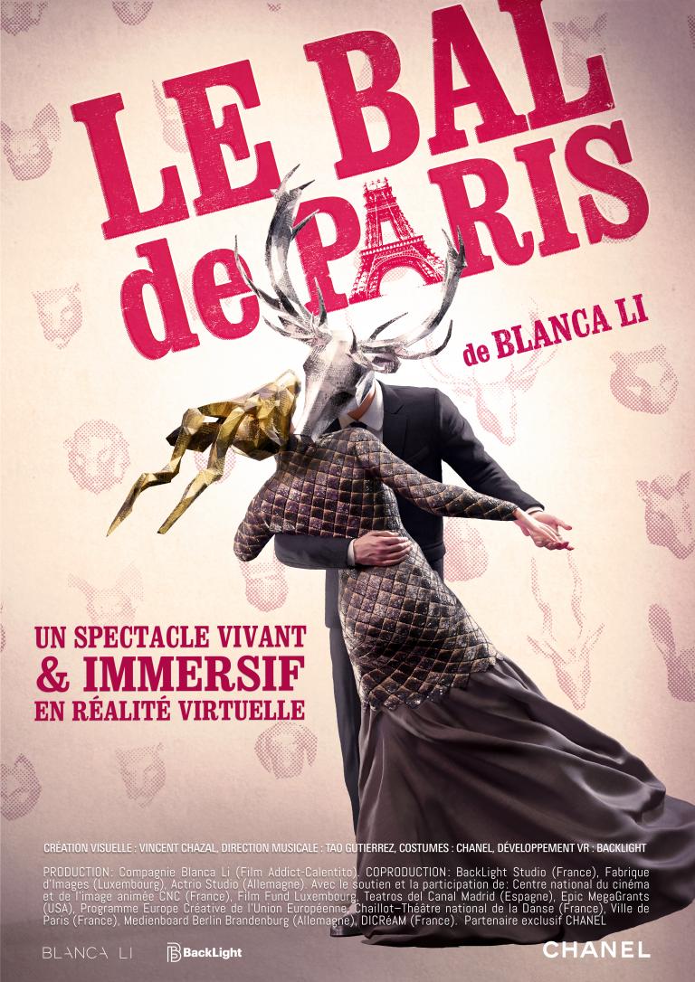 Αφίσα της παράστασης Le Bal de Paris de Blanca Li [Ο παριζιάνικος χορός της Μπλάνκα Λι] (2021), εμβυθιστικής χορευτικής εμπειρίας δια της εικονικής πραγματικότητας, σε χορογραφία της Blanca Li [Μπλάνκα Λι], εικαστική δημιουργία του Vincent Chazal [Βενσάν Σαζάλ], μουσική διεύθυνση του Tao Gutiérrez [Τάο Γκουτιέρρεθ] και κοστούμια του οίκου Chanel. Οι συμμετέχοντες/συμμετέχουσες, φέροντας συσκευή κεφαλής και αισθητήρες, χόρευαν ως άβαταρ μαζί με τους/τις επιτελεστές/επιτελέστριες σε κοινό φυσικό χώρο. Η ανάπτυξη της εικονικής πραγματικότητας ανήκε στην BackLight Studio.