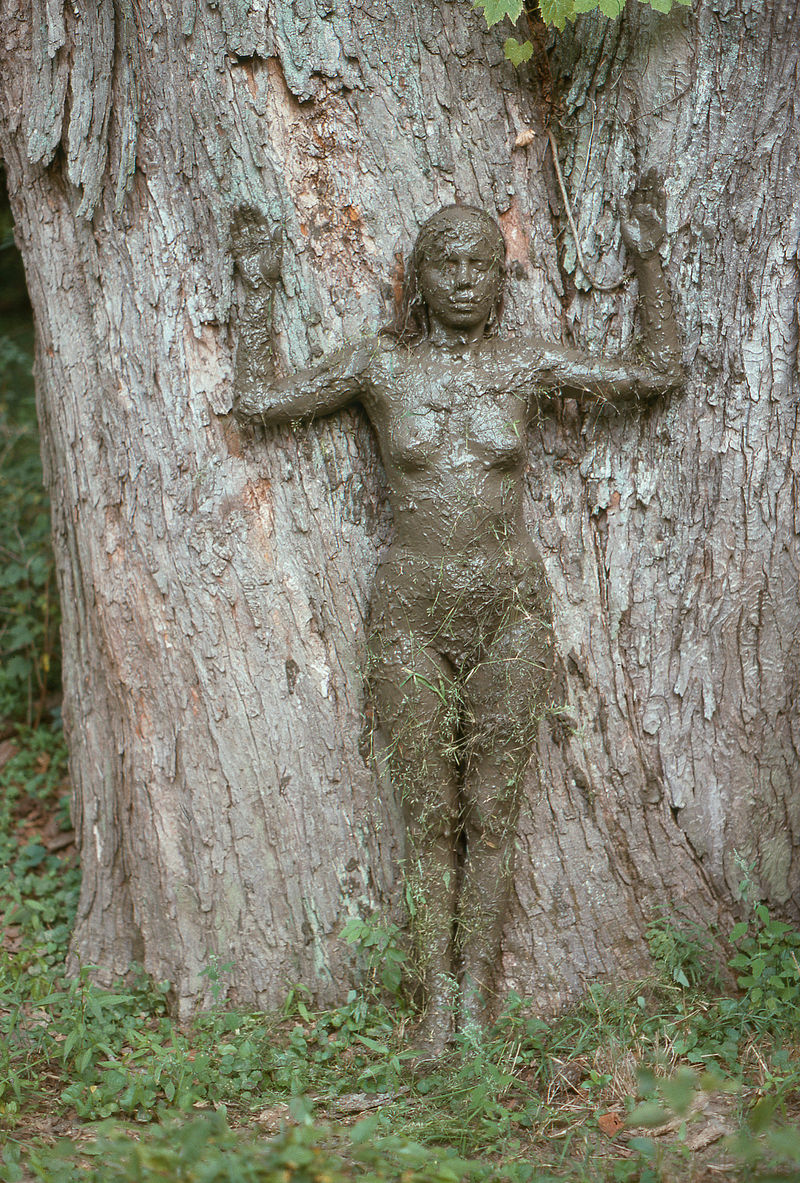 Ana Mendieta, Árbol de la vida [Δέντρο της ζωής], 1976. Φωτογραφία 20 x 13 in. (50.8 x 33 cm). Εφήμερη δράση στο πλαίσιο των Silueta Series, στην οποία το σώμα της καλλιτέχνιδας ενσωματώνεται στο φυσικό τοπίο, δημιουργώντας μια μορφή που παραπέμπει σε δέντρο. Το έργο αναδεικνύει τη σύνδεση του ανθρώπινου σώματος με τη γη και τη φύση, βασικό χαρακτηριστικό της πρακτικής της Mendieta και της γεωτέχνης.